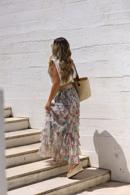 Floral printed tulle skirt