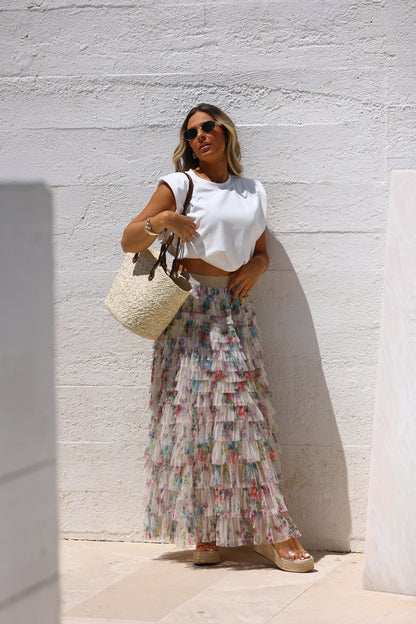 Floral printed tulle skirt