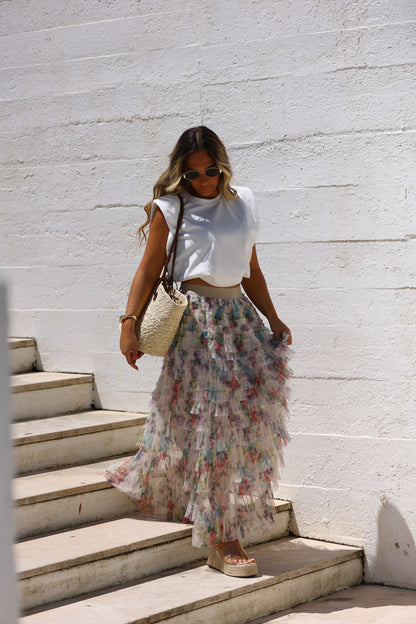 Floral printed tulle skirt